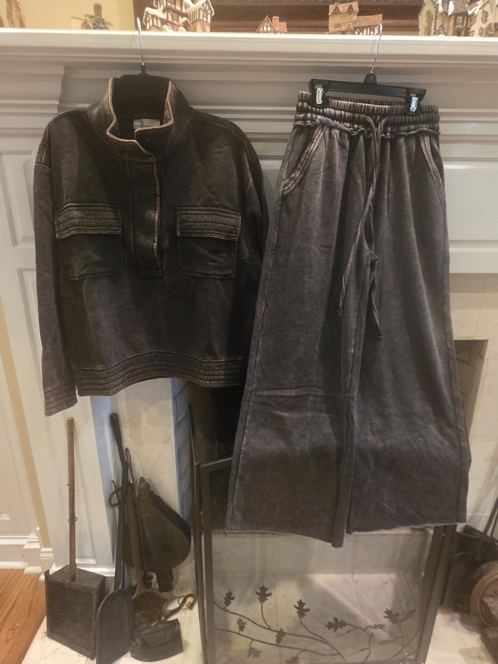 Zenana Outfitters Acid Washed Charcoal Wide-Leg Pull-On Pants And Matching Top